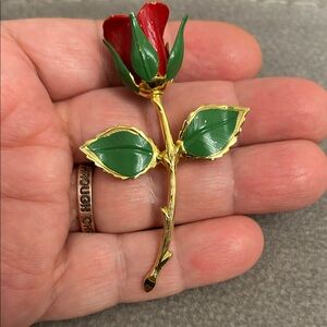 Vintage Gold Color And Enamel Long Stemmed Rose 2 & 3/4" Brooch